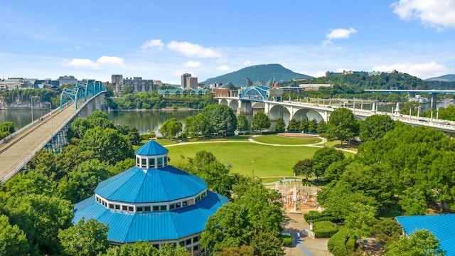 birds eye view of property with a water and mountain view