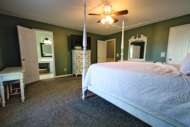 carpeted bedroom with a textured ceiling, ceiling fan, and ensuite bathroom