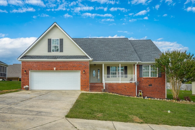 view of front of property with a front lawn, a porch, and a garage