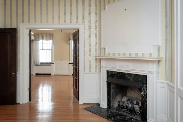 interior space featuring light wood-type flooring and a high end fireplace