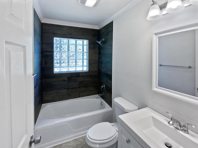 bathroom with shower / washtub combination, vanity, ornamental molding, and toilet