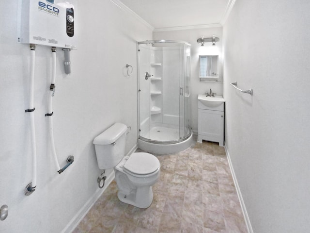 full bath with a shower stall, toilet, vanity, and ornamental molding
