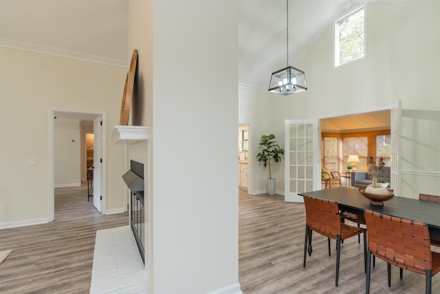 dining space with high vaulted ceiling, wood-type flooring, and ornamental molding