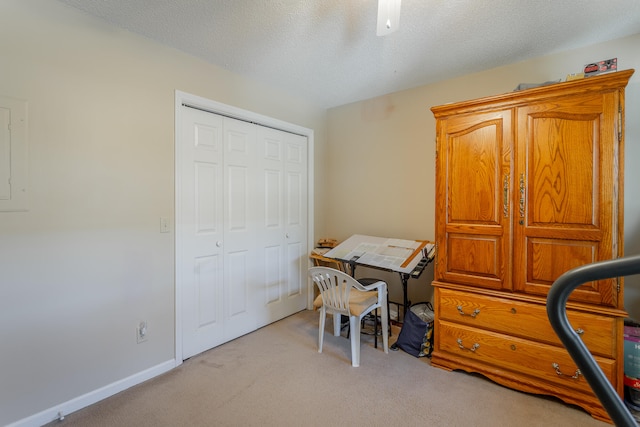 office with a textured ceiling and light colored carpet