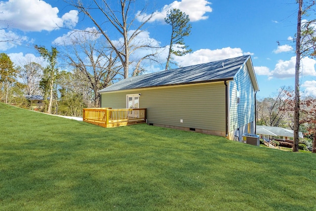 back of house featuring a deck, a yard, crawl space, and central AC