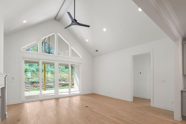 unfurnished living room with beam ceiling, ceiling fan, light hardwood / wood-style flooring, and high vaulted ceiling