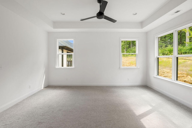 carpeted spare room with a raised ceiling, a wealth of natural light, and ceiling fan