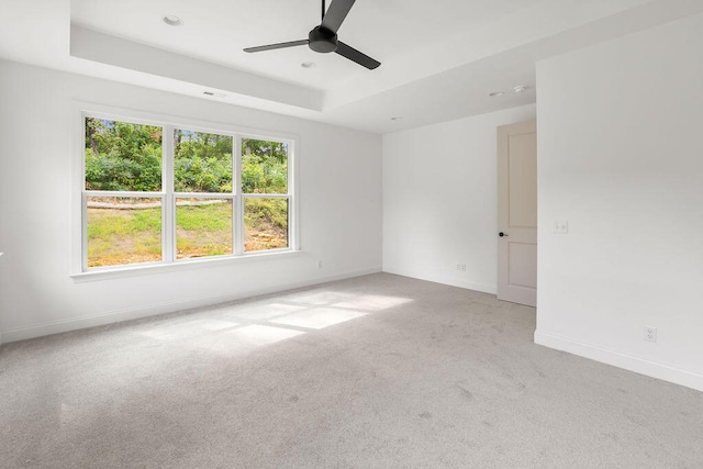 carpeted empty room with a raised ceiling, plenty of natural light, and ceiling fan