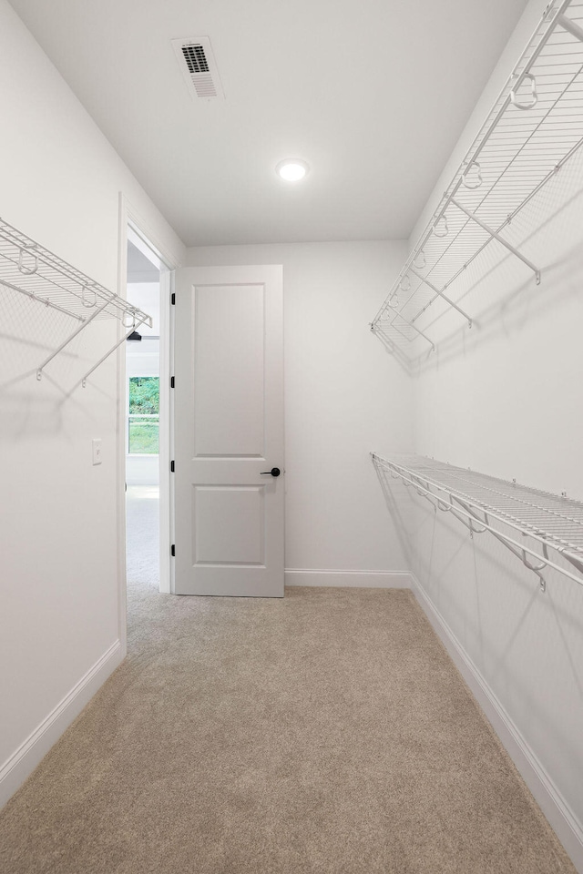 walk in closet with light carpet