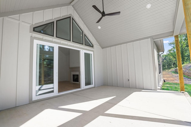 view of patio featuring ceiling fan