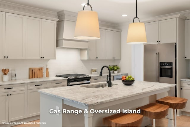 kitchen with a center island with sink, sink, light stone countertops, appliances with stainless steel finishes, and decorative light fixtures