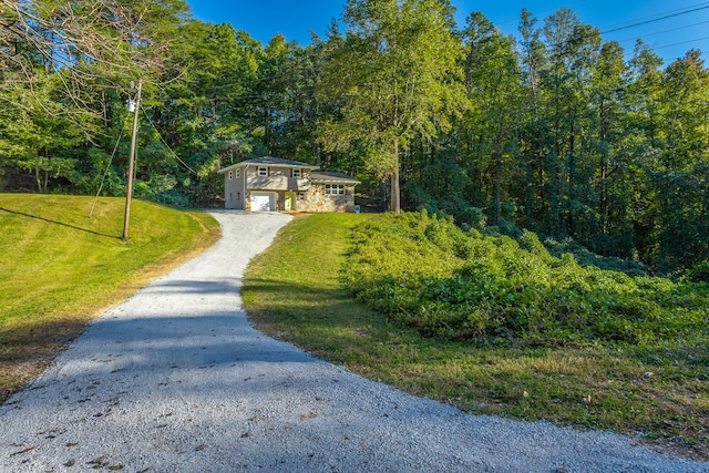 view of property's community featuring a garage and a lawn