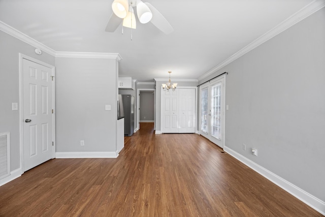 unfurnished living room with ornamental molding, ceiling fan with notable chandelier, and dark hardwood / wood-style flooring