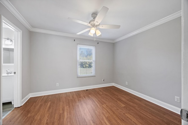 unfurnished room with ceiling fan, ornamental molding, and hardwood / wood-style floors