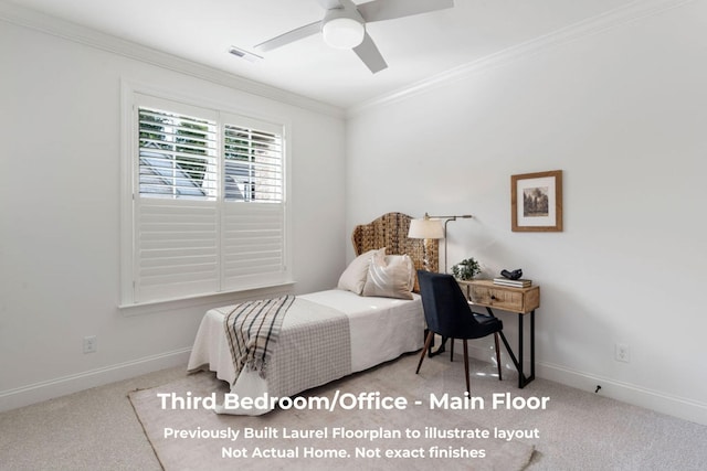 bedroom with carpet, ceiling fan, and ornamental molding