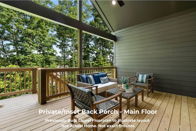 wooden terrace with an outdoor hangout area