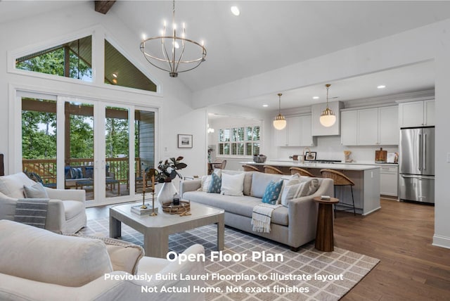 living room with a chandelier, beam ceiling, hardwood / wood-style flooring, and high vaulted ceiling