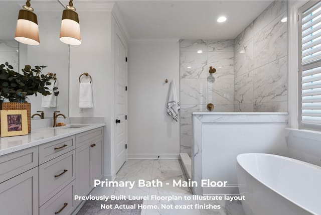 bathroom featuring independent shower and bath, vanity, crown molding, and a healthy amount of sunlight