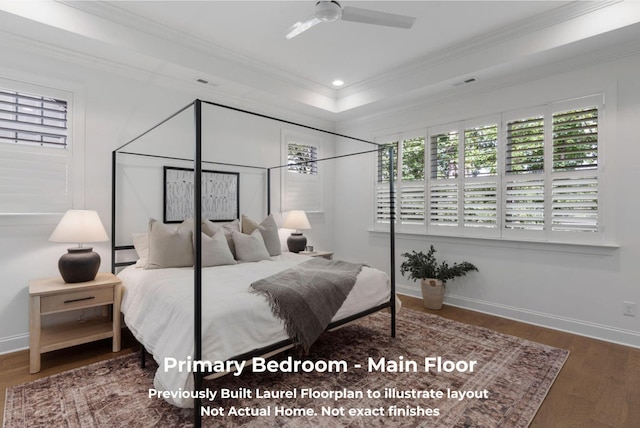 bedroom featuring ceiling fan, crown molding, and dark wood-type flooring