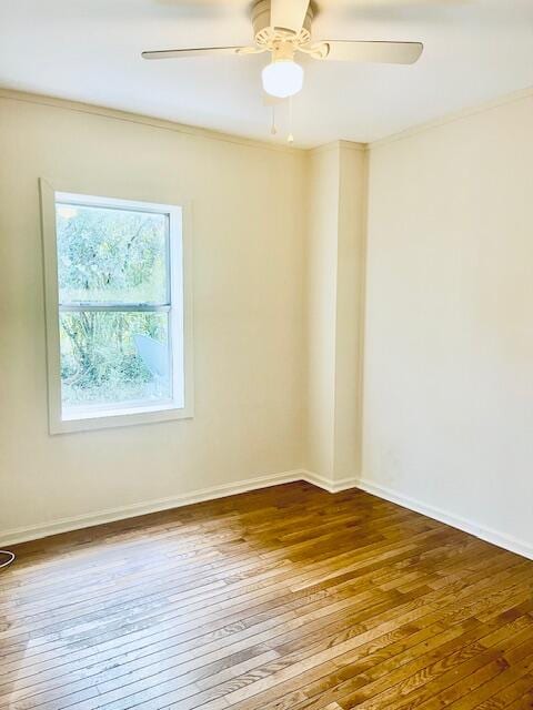 spare room with ornamental molding, hardwood / wood-style floors, and ceiling fan