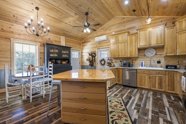 kitchen featuring stainless steel dishwasher, sink, a kitchen island, and dark hardwood / wood-style flooring