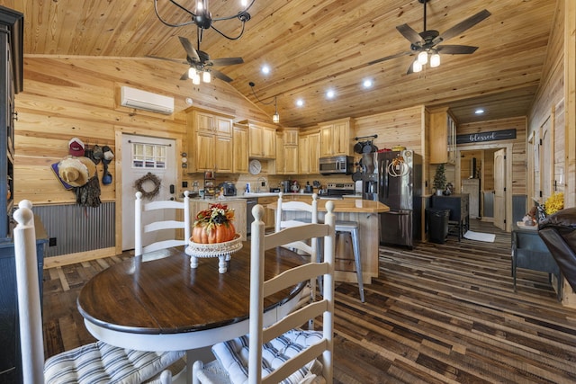 dining space with wood ceiling, wooden walls, an AC wall unit, and dark hardwood / wood-style flooring