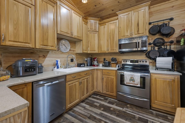 kitchen featuring dark wood-type flooring, stainless steel appliances, wooden ceiling, and sink