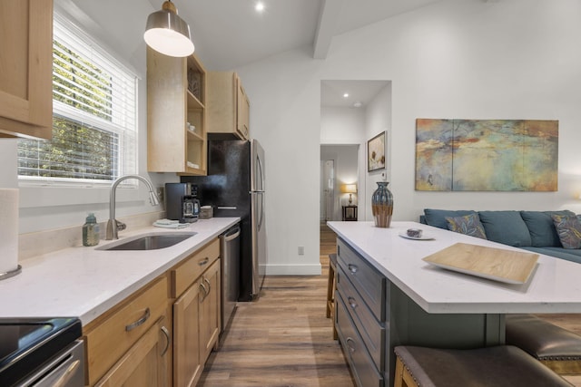 kitchen featuring lofted ceiling with beams, a sink, dishwasher, open shelves, and pendant lighting