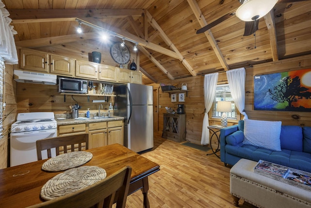 kitchen with sink, stainless steel appliances, wooden walls, wood ceiling, and light wood-type flooring