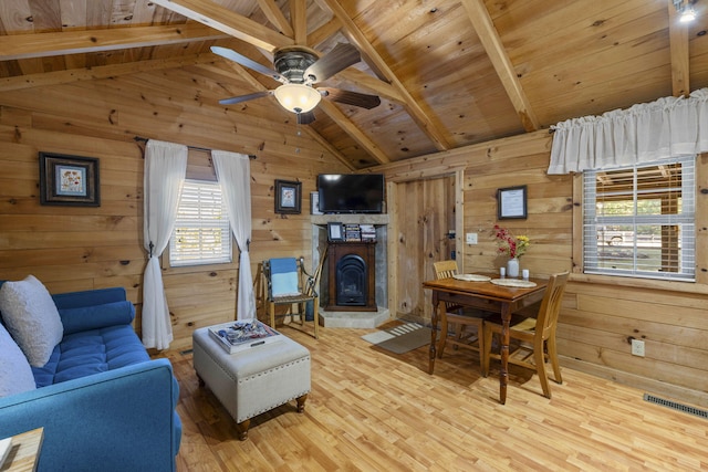 living room with vaulted ceiling with beams, visible vents, wood walls, wood finished floors, and wooden ceiling