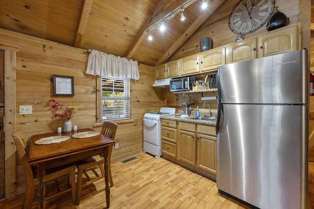 kitchen with white range with electric stovetop, light countertops, lofted ceiling with beams, freestanding refrigerator, and a sink