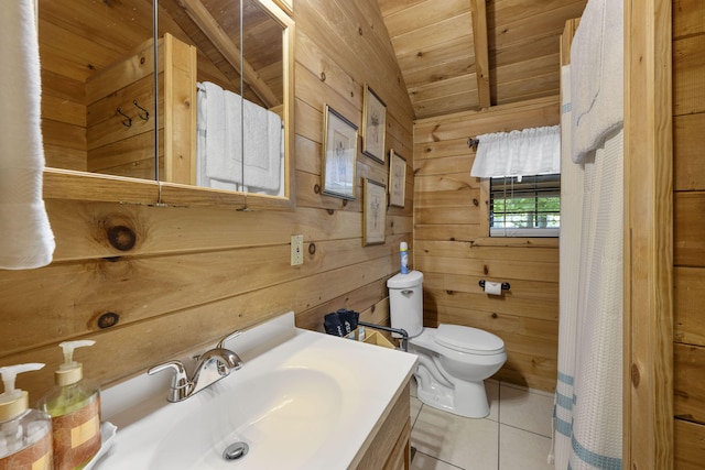 full bath with wooden walls, toilet, wood ceiling, tile patterned floors, and vanity