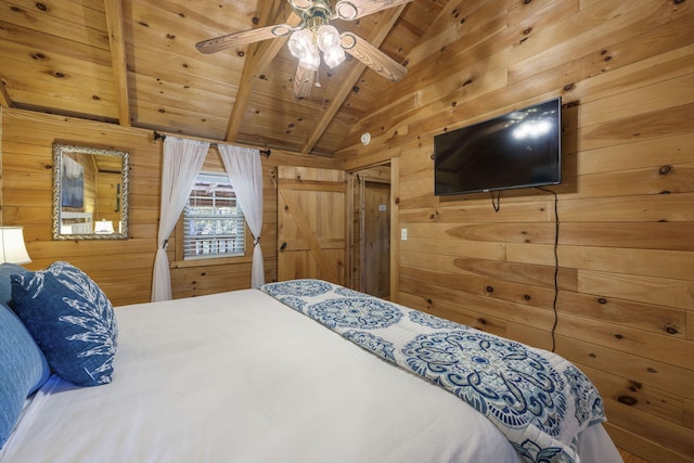 bedroom with vaulted ceiling with beams, wooden ceiling, and wood walls