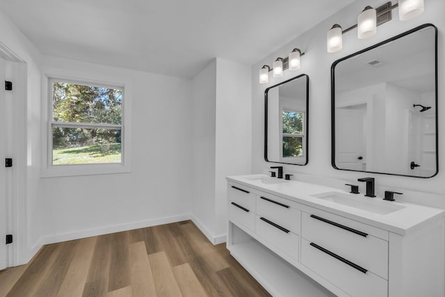 bathroom with vanity and wood-type flooring