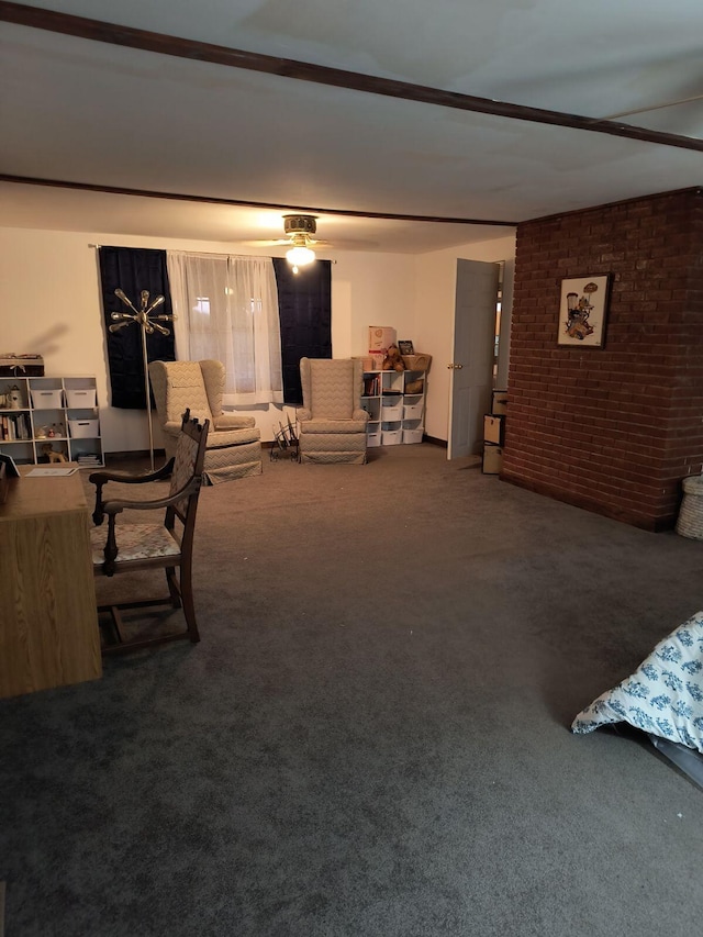 carpeted living room with ceiling fan