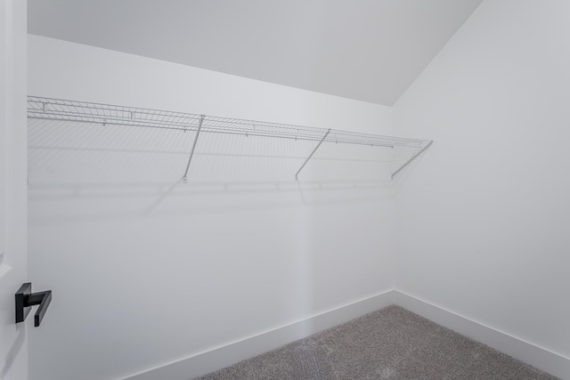 spacious closet featuring carpet flooring and lofted ceiling