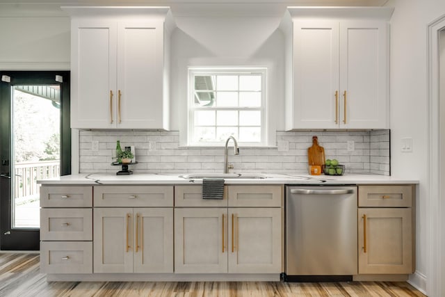 kitchen with sink, light hardwood / wood-style flooring, dishwasher, and tasteful backsplash