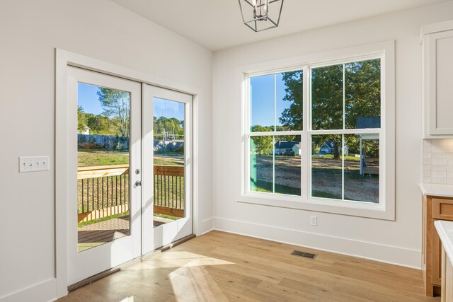 doorway featuring french doors, light hardwood / wood-style floors, and a healthy amount of sunlight