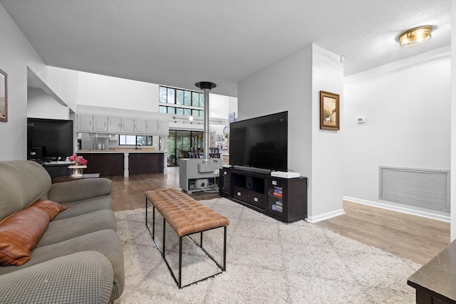 living room with light hardwood / wood-style floors and a textured ceiling