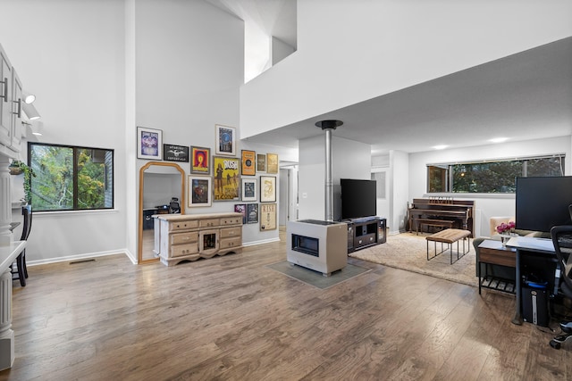 living room featuring hardwood / wood-style flooring and a high ceiling