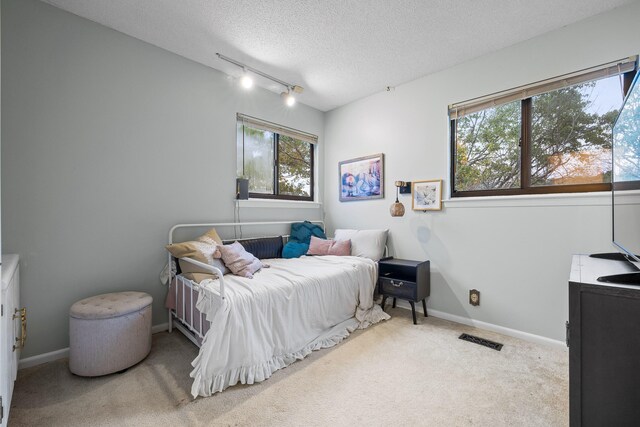 bedroom with carpet floors, a textured ceiling, and track lighting