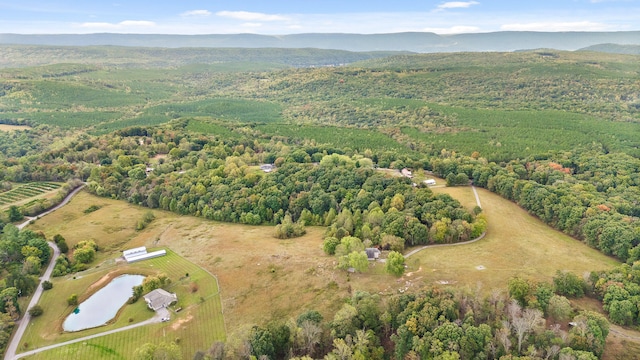 drone / aerial view featuring a water and mountain view