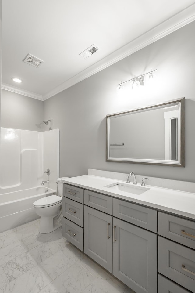 full bathroom featuring toilet, crown molding, vanity, and  shower combination