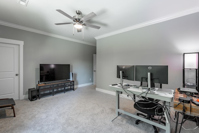 office space featuring crown molding, carpet floors, and ceiling fan