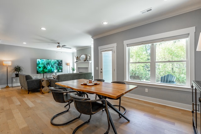 dining space with ornamental molding, light hardwood / wood-style flooring, and ceiling fan