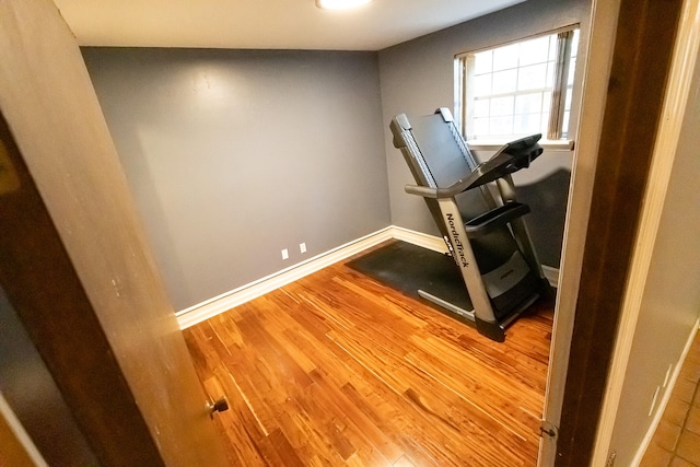 workout room featuring hardwood / wood-style floors