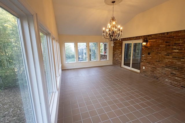 unfurnished sunroom with a chandelier, vaulted ceiling, and a wealth of natural light