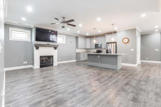 kitchen with a center island with sink, light wood-type flooring, a fireplace, pendant lighting, and stainless steel appliances