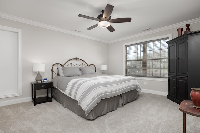 bedroom with visible vents, light colored carpet, and ornamental molding