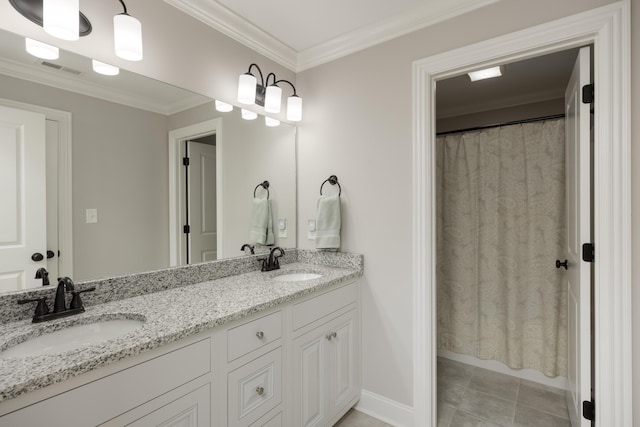 full bath with tile patterned floors, visible vents, crown molding, and a sink